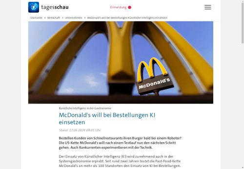 Vorschaubild McDonald's will bei Bestellungen Künstliche Intelligenz einsetzen
