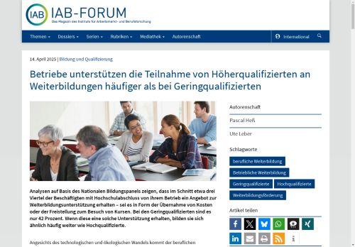 Vorschaubild Betriebe unterstützen die Teilnahme von Höherqualifizierten an Weiterbildungen häufiger als bei Geringqualifizierten