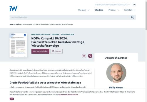 Vorschaubild KOFA Kompakt 10/2024: Fachkräftelücken belasten wichtige Wirtschaftszweige - Institut der deutschen Wirtschaft (IW)